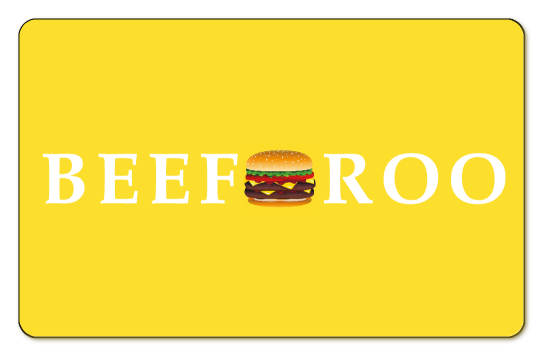 beefaroo burger and text logo on a bright yellow background